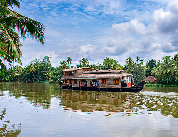 Traditional Indian houseboat near Alleppey  on Kerala backwaters, India
